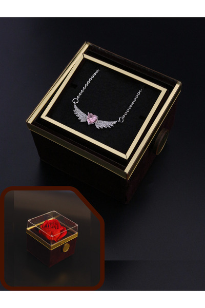 Dukkanka Melek Kalp Zirkon Tasarım Kadın Kolye Güllü Dönen Hediye Kutulu