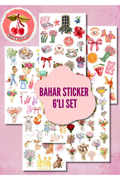 Kiraz Craft Bahar Temalı Sticker Seti 6’lı Ajanda, Bullet Journal, Defter, Sc...