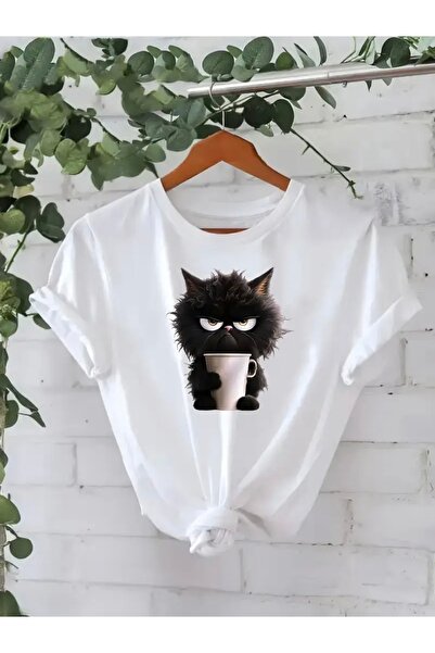 FUFLUNS تي شيرت كبير الحجم بياقة دائرية مطبوع عليه قطة