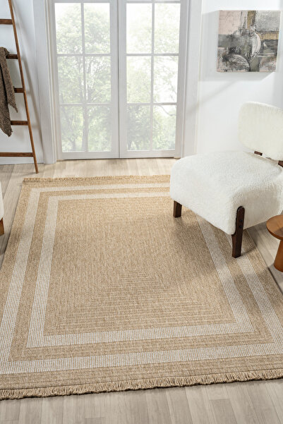 Colore Home İndia Jüt Bej Doğal Görünüm Rustik Halı Örme Kilim Çerçeveli Hası...