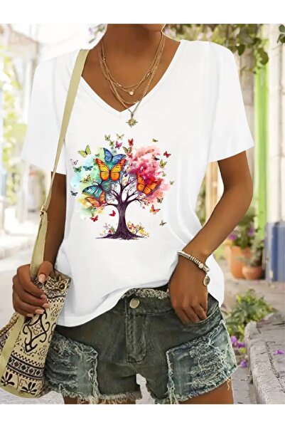 FUFLUNS تي شيرت نسائي كبير الحجم برقبة على شكل حرف V مطبوع عليه شجرة الفراشة ...