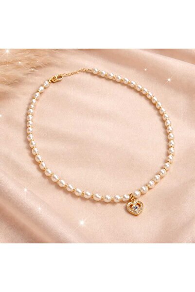 Ayzen Takı Sevgililer Günü, Doğum Günü: Kalp Detay Zirkon Taşlı İnci Moda Kolye