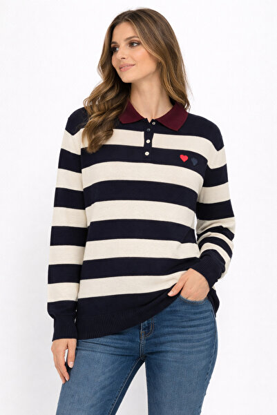 Vaniza Standard Size Heart Pattern Striped Sweater