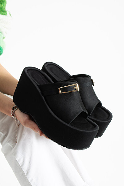 dabab shoes Lunara Women's Black 10 cm Platform Heel Buckle Thick Sole Slippe...