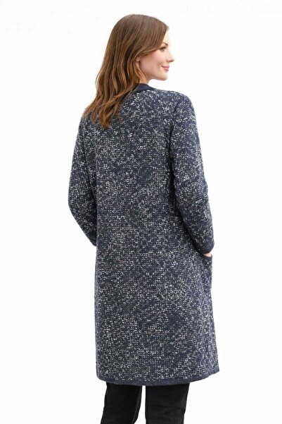 Uludağ Triko Women's Anthracite Black Bone Beard Patterned Knitwear with Pockets Mother Cardigan Long