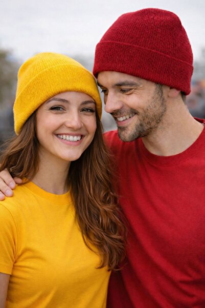 Neden Tekstil Special 2-Piece Beanie Set for Couples Yellow Red
