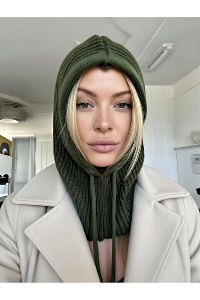 B2K FASHION Khaki Thessaloniki Knitted Tricot Balaklava Beanie Hat Neck Collar