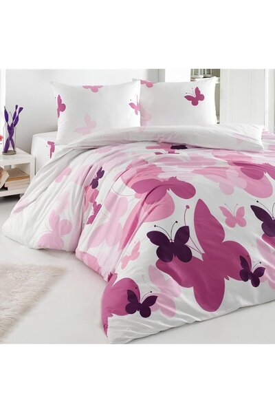 OEM Bedding Set Cotton, Butterfly, 2 Persons, White + Pink + Purple, 4 Pieces