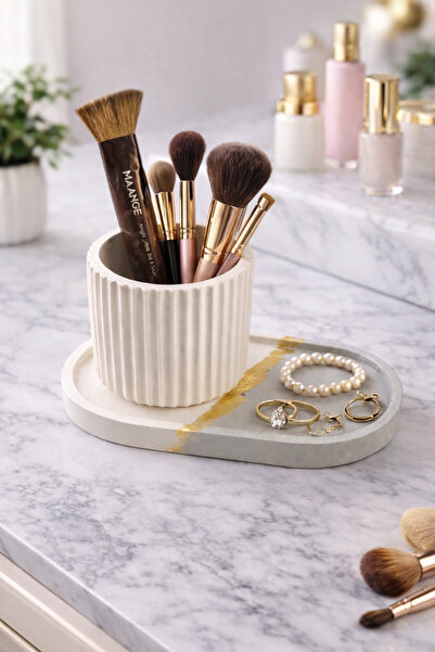 Sabletscrafts Modern Gold Detailed Concrete Makeup Brush Holder & Jewelry Org...