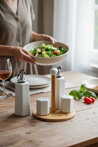 zezedesing Porcelain 4-Piece Oil Bottle, Vinegar Bottle, Salt Shaker, Pepper ...