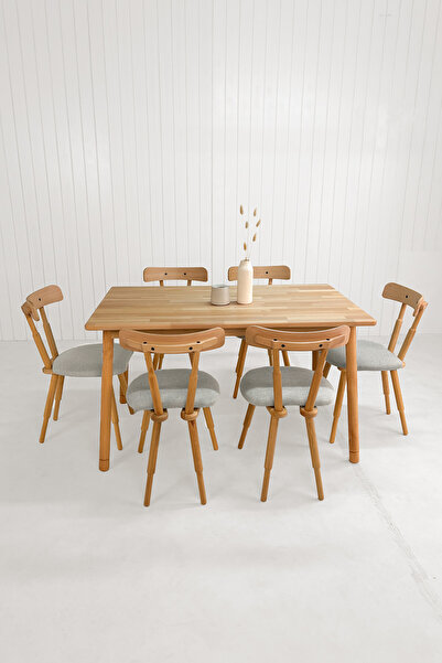 unboxdeco Alaçatı 6 Kişilik Masif Kayın Ahşap Masa Takımı, 6 Adet Nesrin Sand...