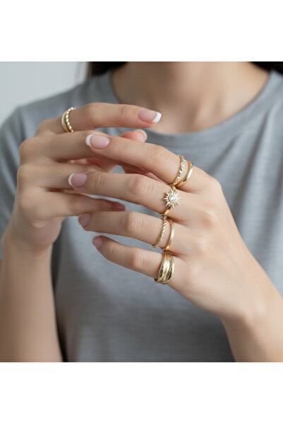 Ervalina Zirkon Taşlı Güneş Yüzük ve Eklem Yüzük Seti