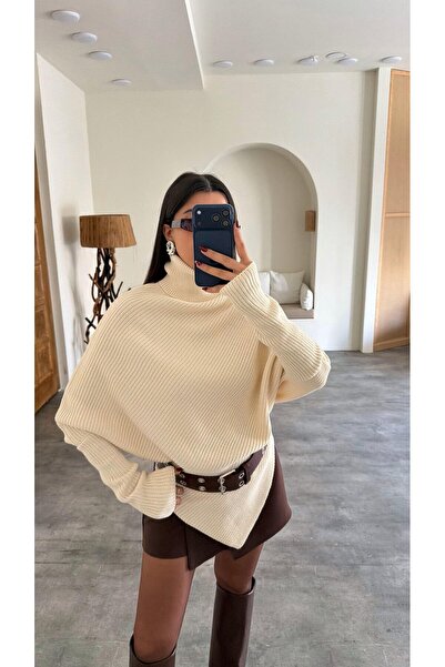 manana fashion Asymmetrical Cut Bat Sleeve Oversized Turtleneck Knitwear Sweater