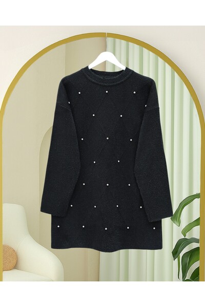 Modamorfo Stone Detailed Diamond Pattern Bearded Knitwear Tunic - Black