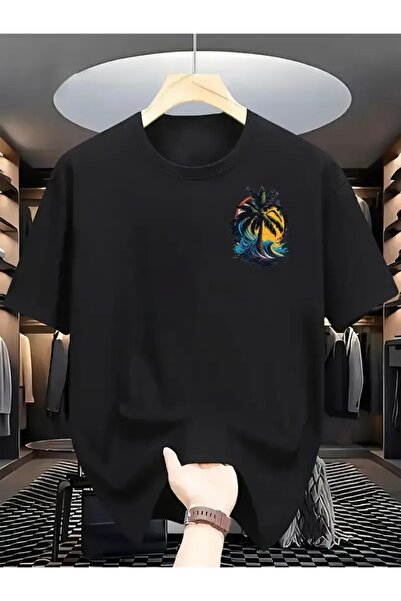 FUFLUNS تي شيرت كبير الحجم مطبوع عليه مناظر طبيعية من نخيل مع ياقة دائرية