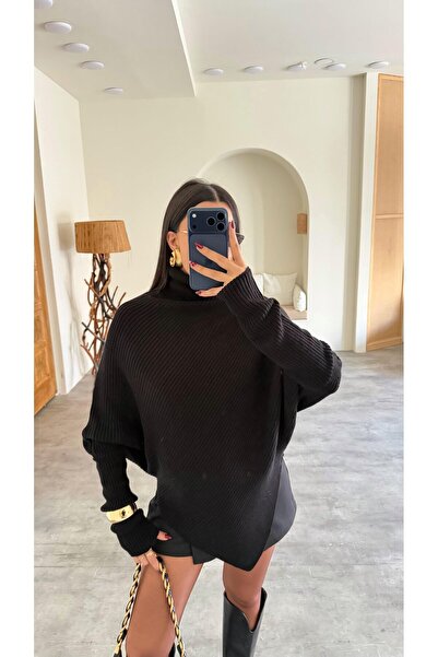 manana fashion Asymmetrical Cut Bat Sleeve Oversized Turtleneck Knitwear Sweater