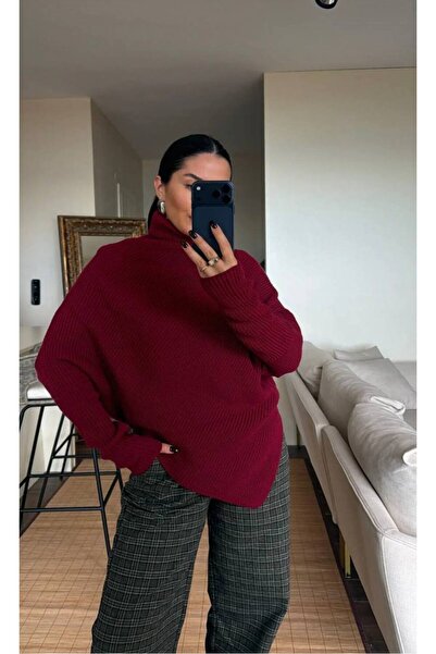 manana fashion Pulover tricotat oversize cu guler înalt și mâneci liliac cu c...