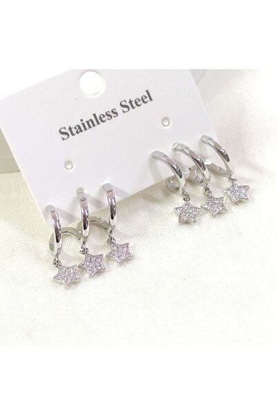 Güler Yüzlü Silver أقراط نجمة ثلاثية الأبعاد من الفولاذ - أبيض