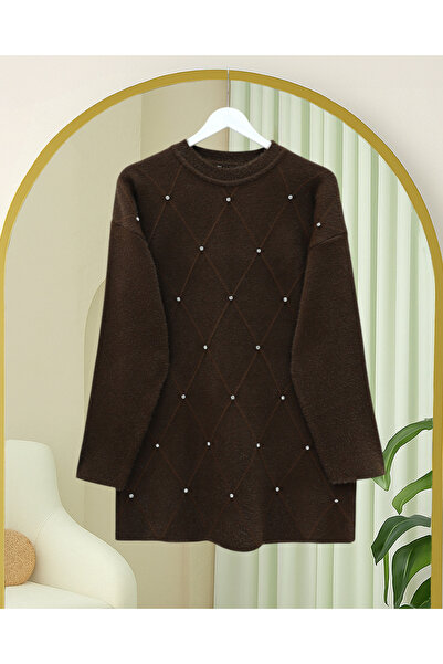 Modamorfo Stone Detailed Diamond Pattern Bearded Knitwear Tunic - Brown