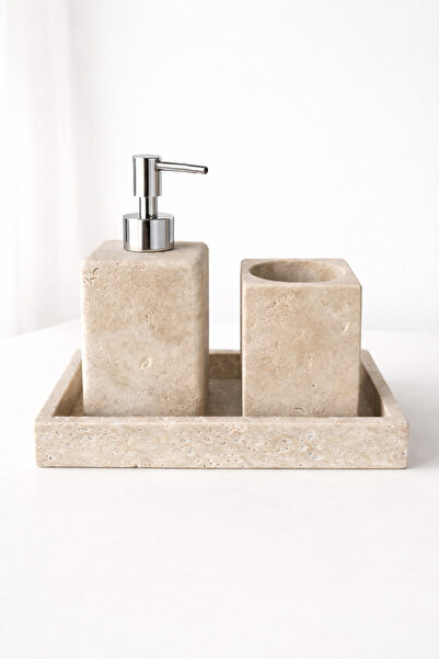 DMR HOME Doğal Traverten Taş Banyo Seti – Sıvı Sabunluk ve Diş Fırçalık | Min...