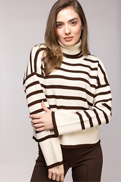 Saade Brown Striped Turtleneck Oversized Knitwear Sweater