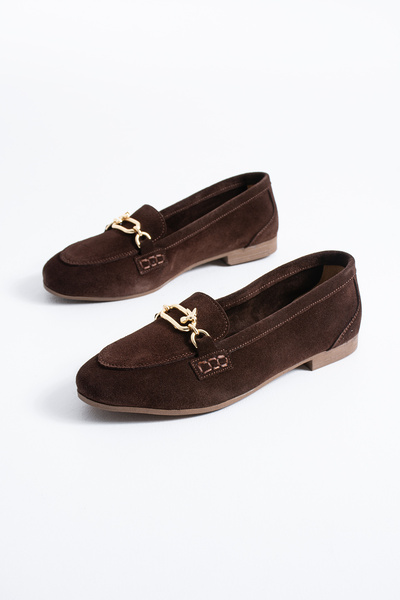 Himushe Genuine Leather Bird Detail Buckle Women's Ballerinas Brown Suede