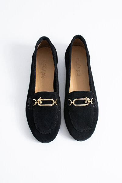 Himushe Genuine Leather Bird Detail Buckle Women's Ballerinas Black Suede