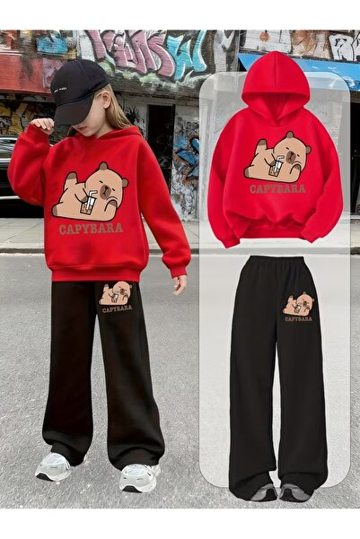 Machetta Children's Capybara Printed Hooded Sweatshirt Wide Leg Tracksuit Set