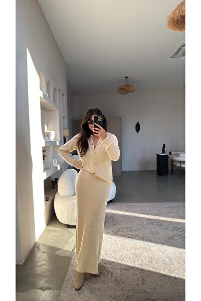 Buket Teke Vanilya Yumoş Cardigan Maxi Skirt Set