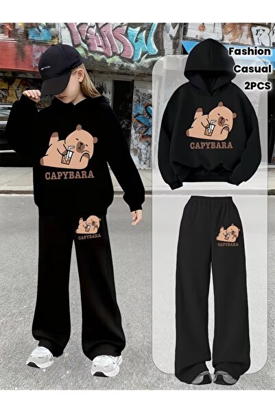 NoVibe Children's Capybara Printed Hooded Sweatshirt Wide Leg Tracksuit Set