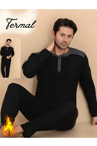 İXOMAN Ανδρικό Σετ Πιτζάμες Χειμερινό Θερμικό Σετ Μπλούζα και Παντελόνι Μαύρο...