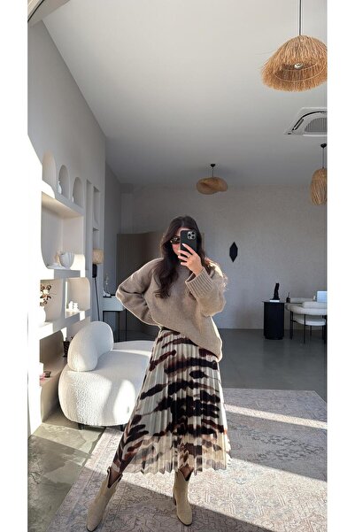 Buket Teke Bone Color Patterned Pleated Tulle Skirt