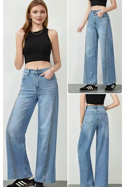 DENRA Wide leg jeans with appliquéd accessories