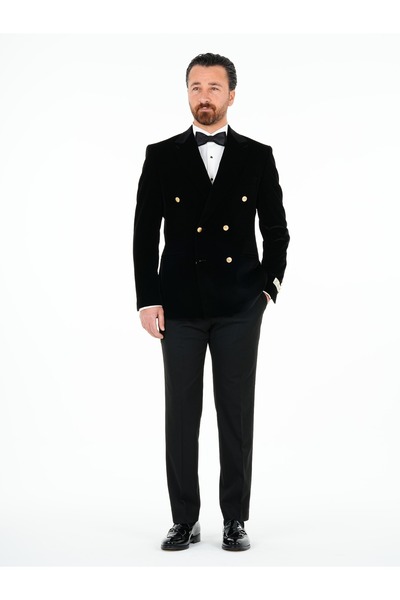 PAREZ Premium Erkek Kadife Kruvaze Smokin Damatlık Gold Düğme Punto Dikişli C...