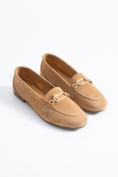 Himushe Genuine Leather Bird Detail Buckle Women's Ballerinas Cinnamon Suede