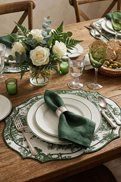 decofav Pastoral Green Toile Patterned Embroidered American Tablecloth 2 Pieces