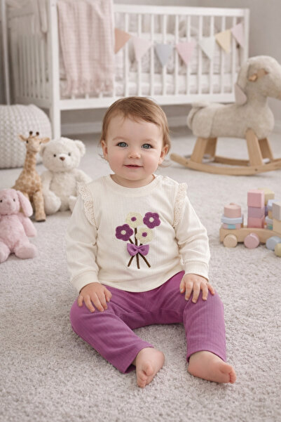 BEBEXO KIDS Kız Bebek Dantel Omuz Detaylı Çiçekli Alt Üst Takım | 6-9-12 Ay
