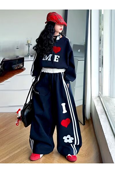 NoVibe Children's Me Heart Printed Stripe Crew Neck Sweatshirt Wide Leg Waist...