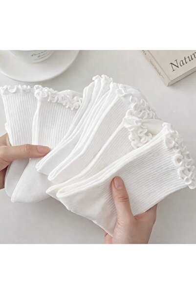 Bestrend 3-Piece Ruffle Detailed White 100% Cotton Women's Socks