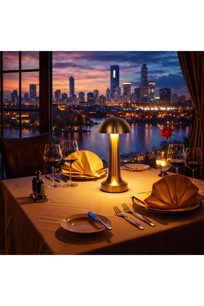 KULVARAVM Mantar Masa Lambası Gold Renk Kablosuz Ledli 3 Renk Dokunmatik Şarj...