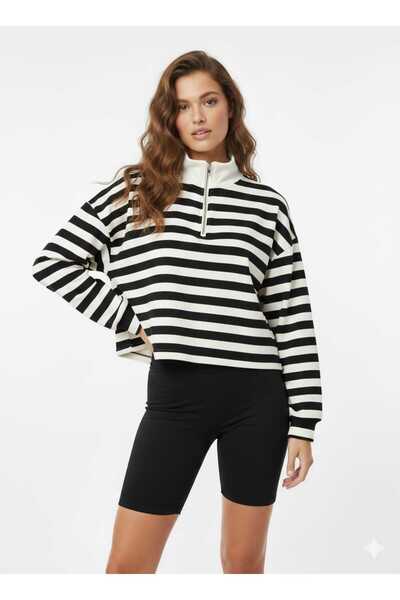 kikiriktekstil Γυναικείο φούτερ με φερμουάρ στο λαιμό, μαύρο και λευκό ριγέ, ...