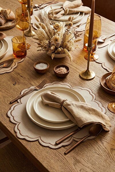 decofav Bloom Beige Fabric Embroidered American Tablecloth 2 Pieces