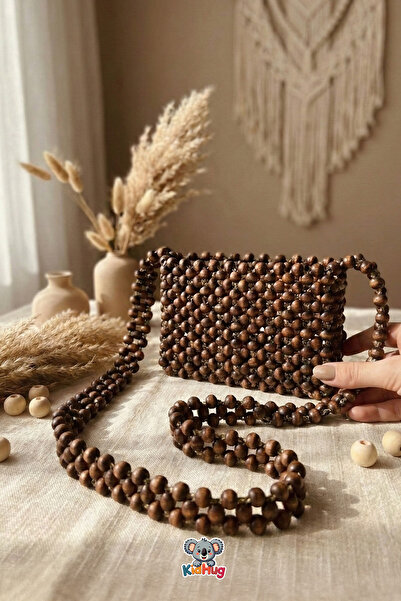 KidHug Kahverengi Ahşap Boncuk El Yapımı Omuz Çantası - Yetişkin - Çocuk 90 cm