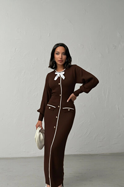 Lusin Women's Brown Stylish Bow Detailed Balloon Sleeve Knitwear Dress