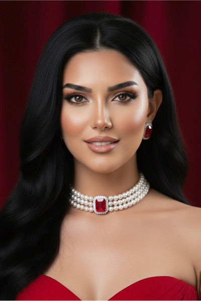 Happyline Cam İncili Gümüş Kaplama Tasma Kırmızı Taşlı Baget Choker Kolye Öze...