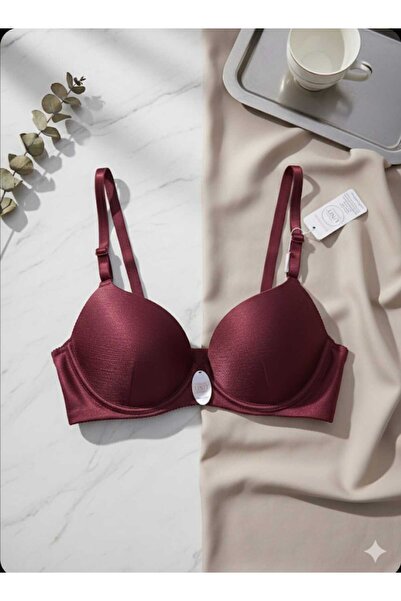 Butik Kadın Parlak Saten Dokulu Desteksiz Lüks Bordo Sütyen