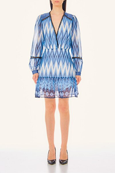 liu.jo Kadın Organik Pamuklu Uzun Kollu Mavi-Beyaz Elbise UA4239T3842-N9183