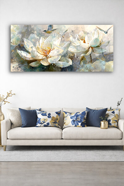 Olinpa KIRILMAZ CAM DUVAR SAATİ , HEM TABLO HEM SAAT BEYAZ ÇİÇEK SANATSAL ZAR...