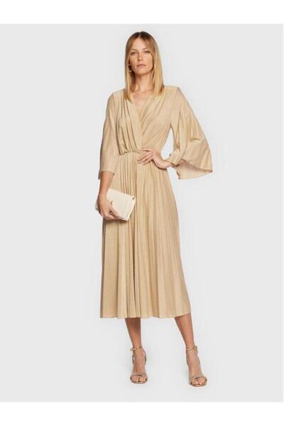 RINASCIMENTO Dress with gold inserts, with padded shoulders, Beige