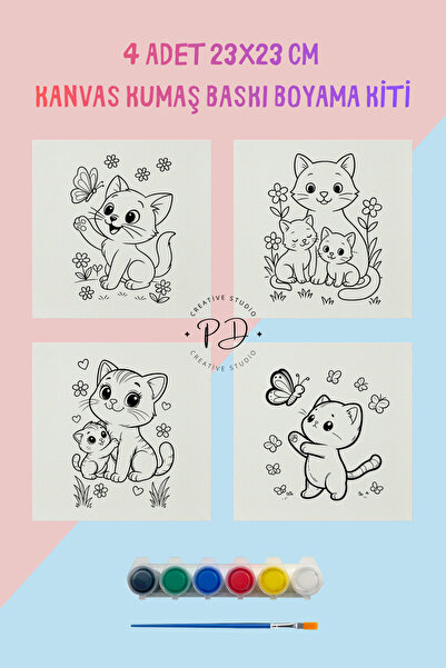 PRİNTOPİA DESİGN Kedi Temalı 4'lü Kanvas Boyama Seti (23x23 cm) - 6 Renk Boya...